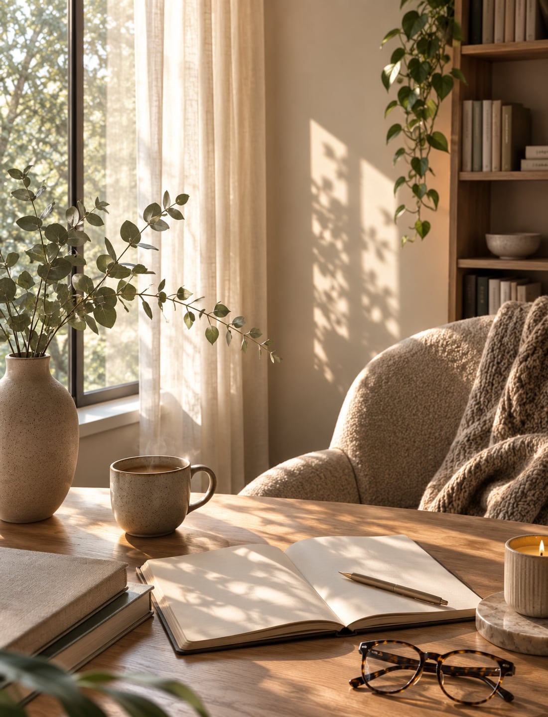 A warm space by a window, with an open journal, a cup of coffee, and a candle — an invitation to pause and reflect.